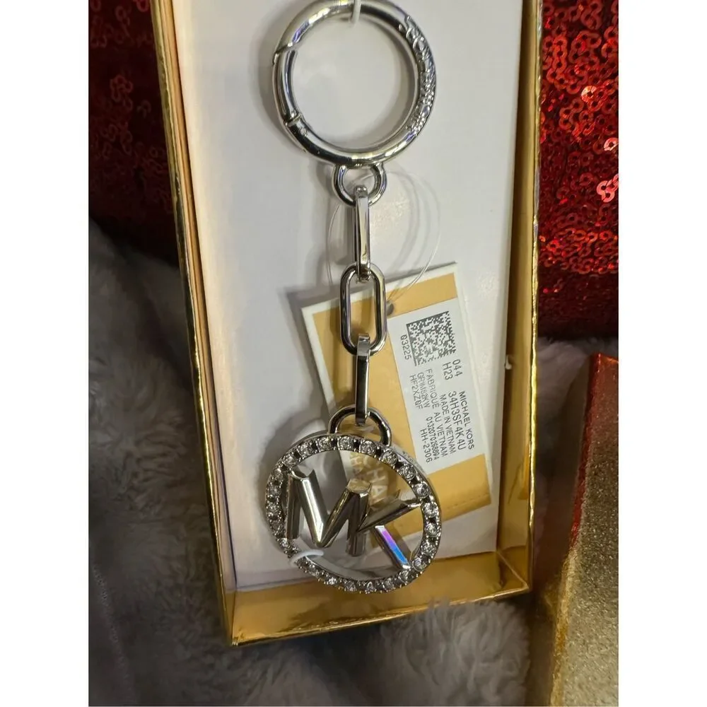️MK michael kors boxed pave circle logo  KEYCHAIN bag charm silver siganture
